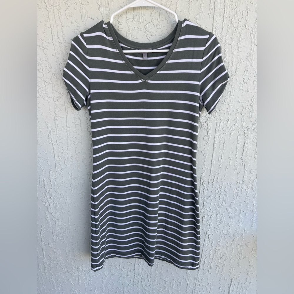Talbots Olive and White Striped V-Neck Mini Dress